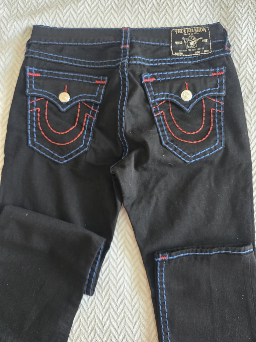 Men’s True Religion Jeans. Black With Blue Thick Stitching . Brand New!
